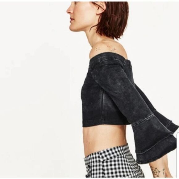 Zara EUC Denim Cropped Off Shoulder Top Ruffled Sleeves Size S - Picture 6 of 15